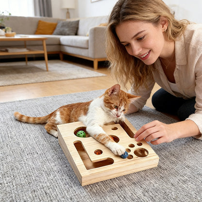 3-in-1 Durable Cat Nail Grinder & Interactive Maze Tunnel – Solid Wood Scratching Post with Bell Balls