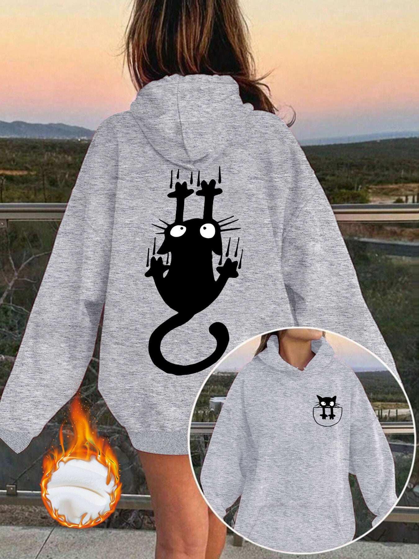 Women’s Oversized Lantern Sleeve Hoodie – Cute Feline Graphic Streetwear