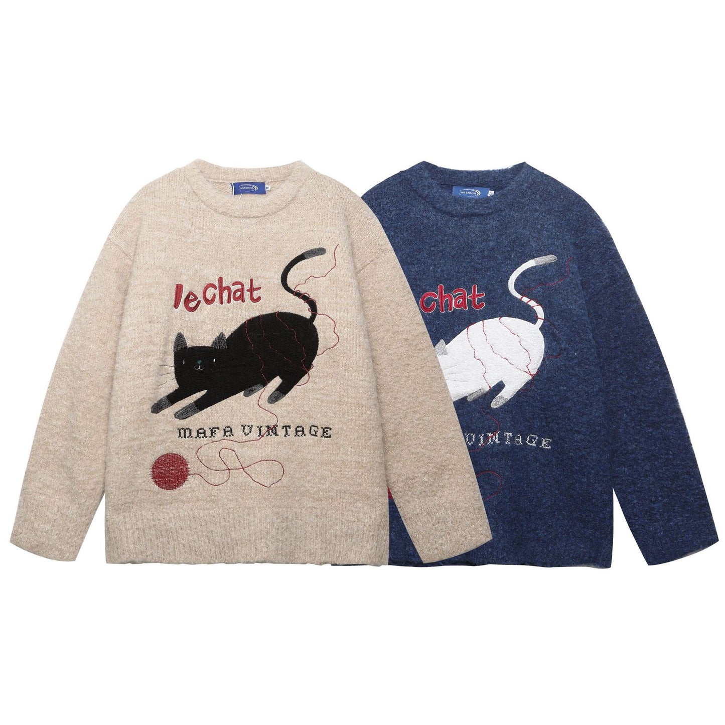 Unisex Academic Style Cat Embroidered Wool Knit Sweater – Loose Fit Jacquard Pullover