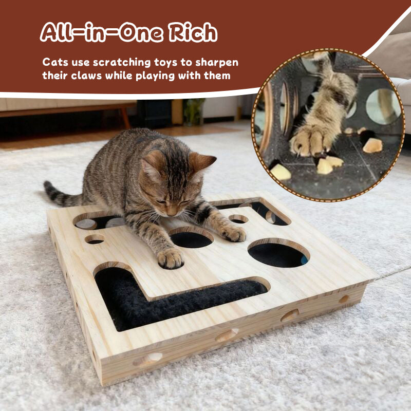 3-in-1 Durable Cat Nail Grinder & Interactive Maze Tunnel – Solid Wood Scratching Post with Bell Balls