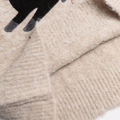 Unisex Academic Style Cat Embroidered Wool Knit Sweater – Loose Fit Jacquard Pullover