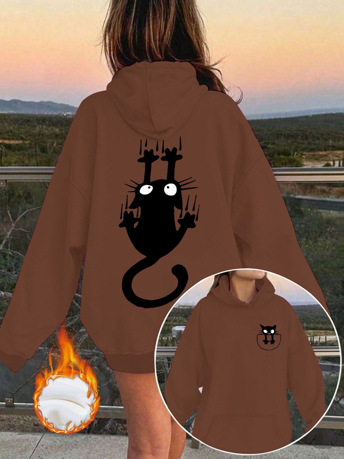 Women’s Oversized Lantern Sleeve Hoodie – Cute Feline Graphic Streetwear