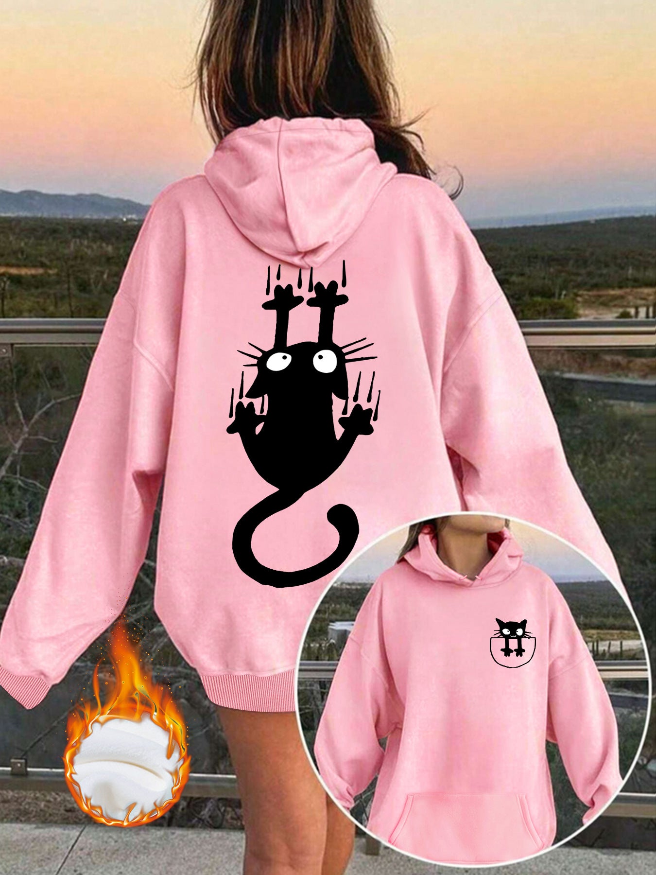 Women’s Oversized Lantern Sleeve Hoodie – Cute Feline Graphic Streetwear