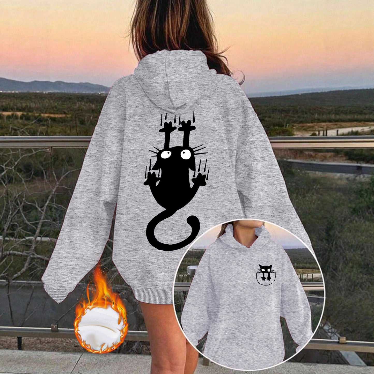 Women’s Oversized Lantern Sleeve Hoodie – Cute Feline Graphic Streetwear