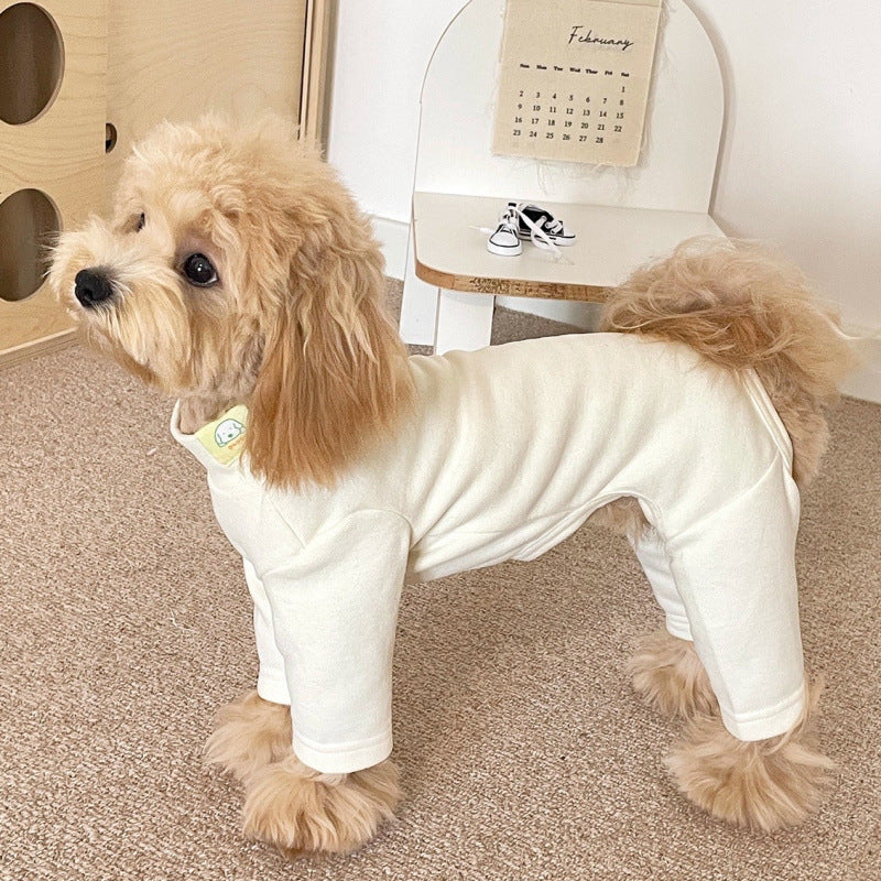 Elastic Four-Legged Dog Onesie – Cozy Cream Winter Pajamas & Shedding Control Base Shirt