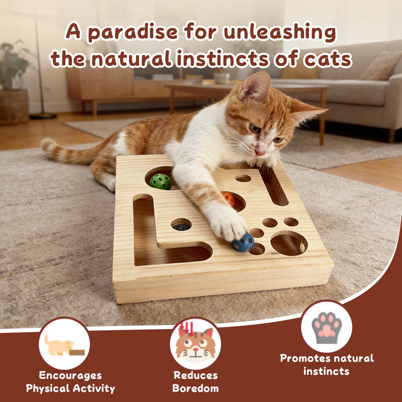 3-in-1 Durable Cat Nail Grinder & Interactive Maze Tunnel – Solid Wood Scratching Post with Bell Balls