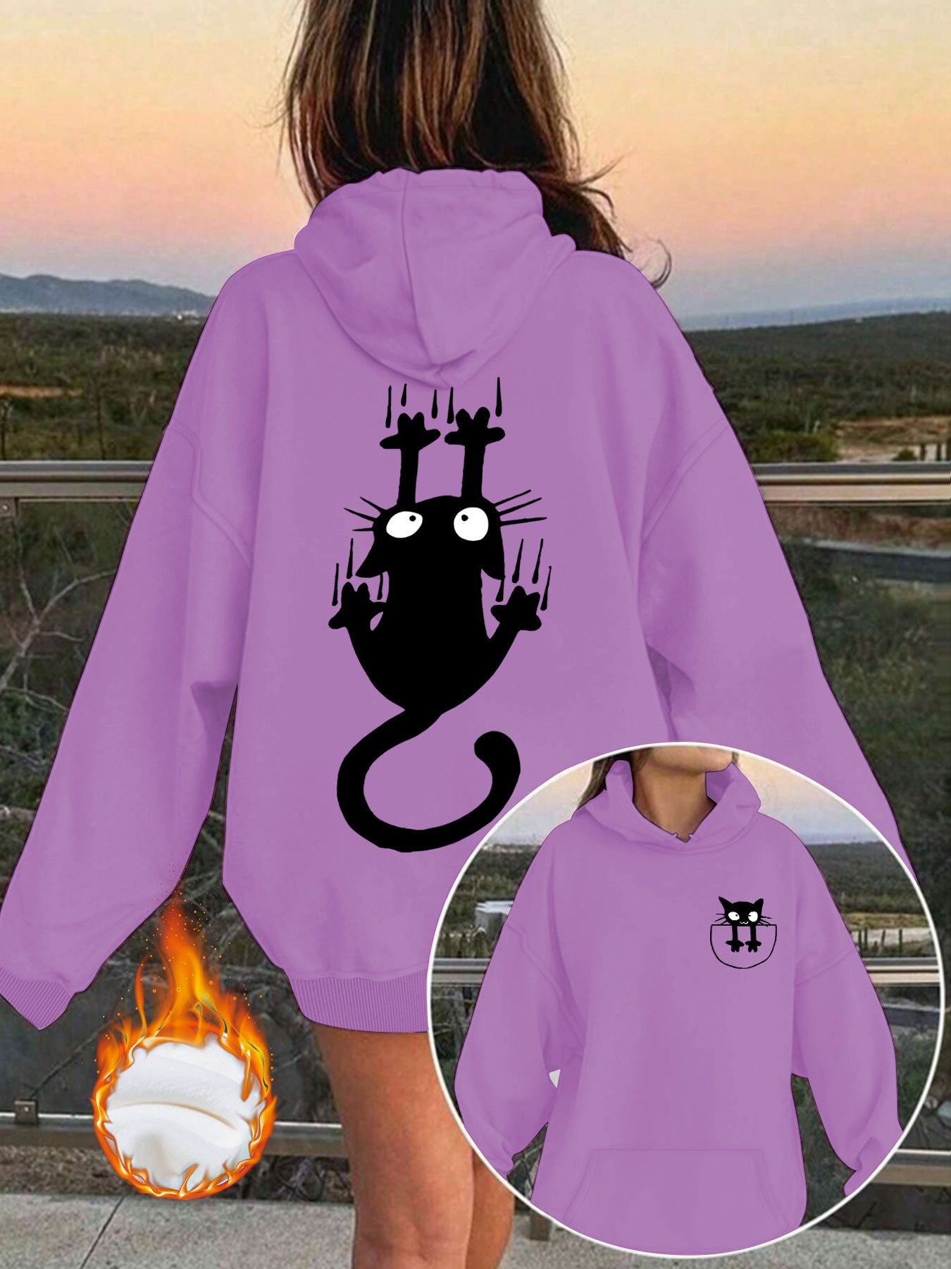 Women’s Oversized Lantern Sleeve Hoodie – Cute Feline Graphic Streetwear
