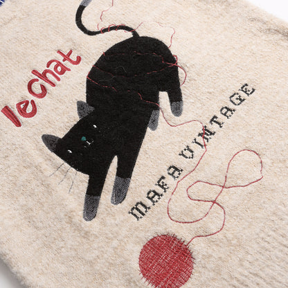 Unisex Academic Style Cat Embroidered Wool Knit Sweater – Loose Fit Jacquard Pullover
