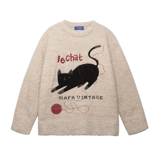 Unisex Academic Style Cat Embroidered Wool Knit Sweater – Loose Fit Jacquard Pullover