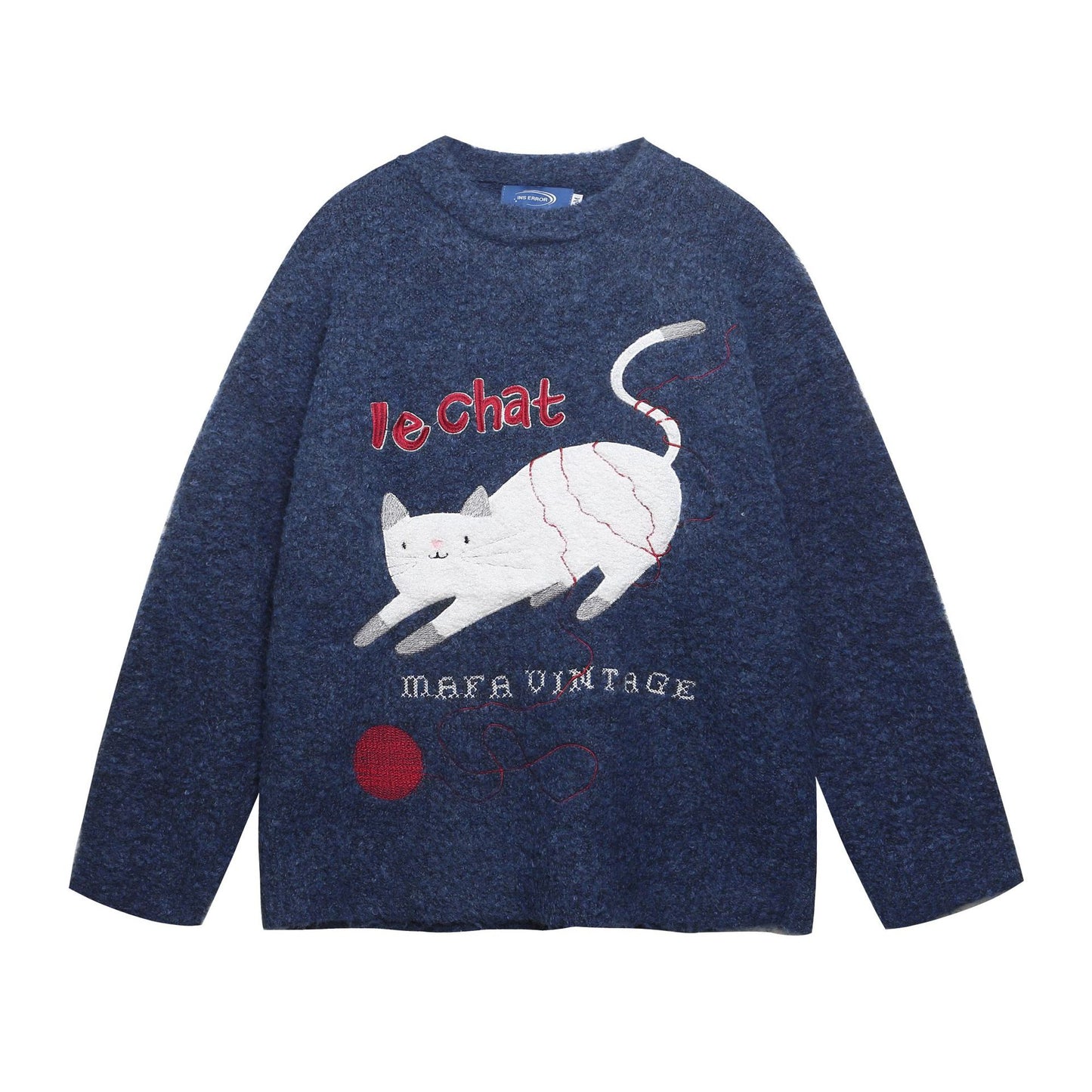Unisex Academic Style Cat Embroidered Wool Knit Sweater – Loose Fit Jacquard Pullover