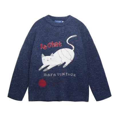 Unisex Academic Style Cat Embroidered Wool Knit Sweater – Loose Fit Jacquard Pullover