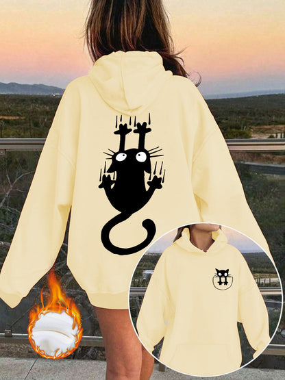 Women’s Oversized Lantern Sleeve Hoodie – Cute Feline Graphic Streetwear