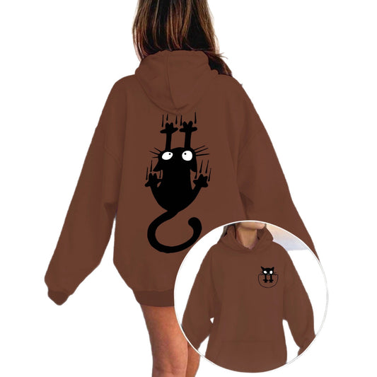 Women’s Oversized Lantern Sleeve Hoodie – Cute Feline Graphic Streetwear