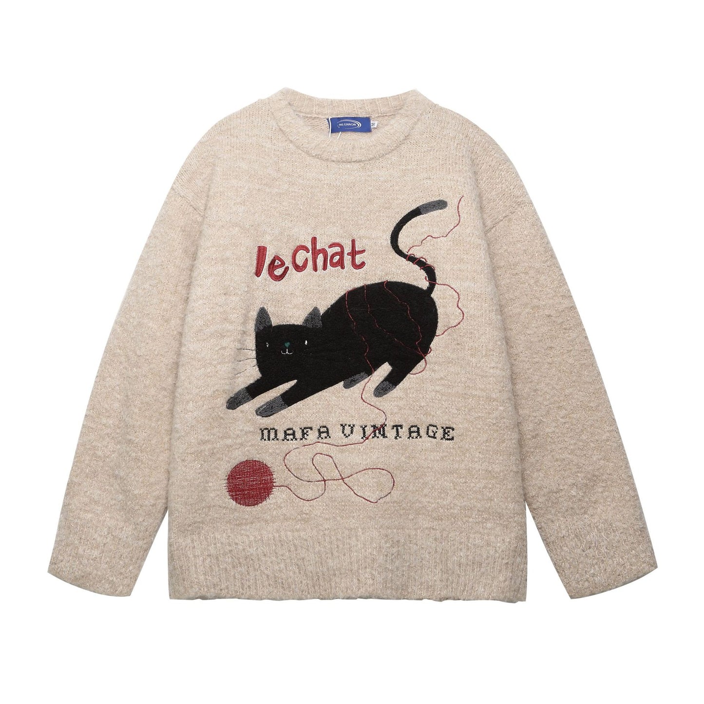 Unisex Academic Style Cat Embroidered Wool Knit Sweater – Loose Fit Jacquard Pullover