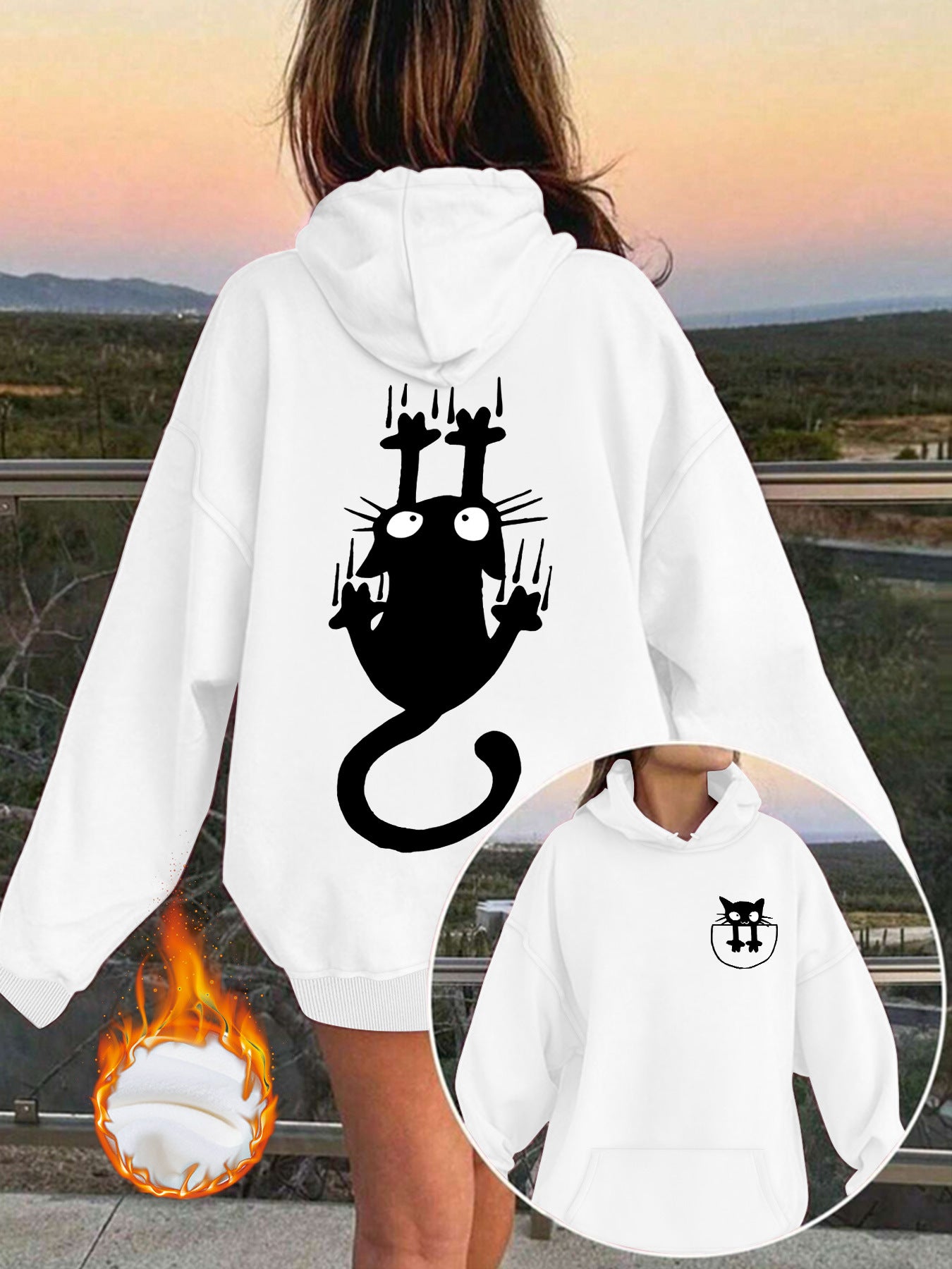 Women’s Oversized Lantern Sleeve Hoodie – Cute Feline Graphic Streetwear